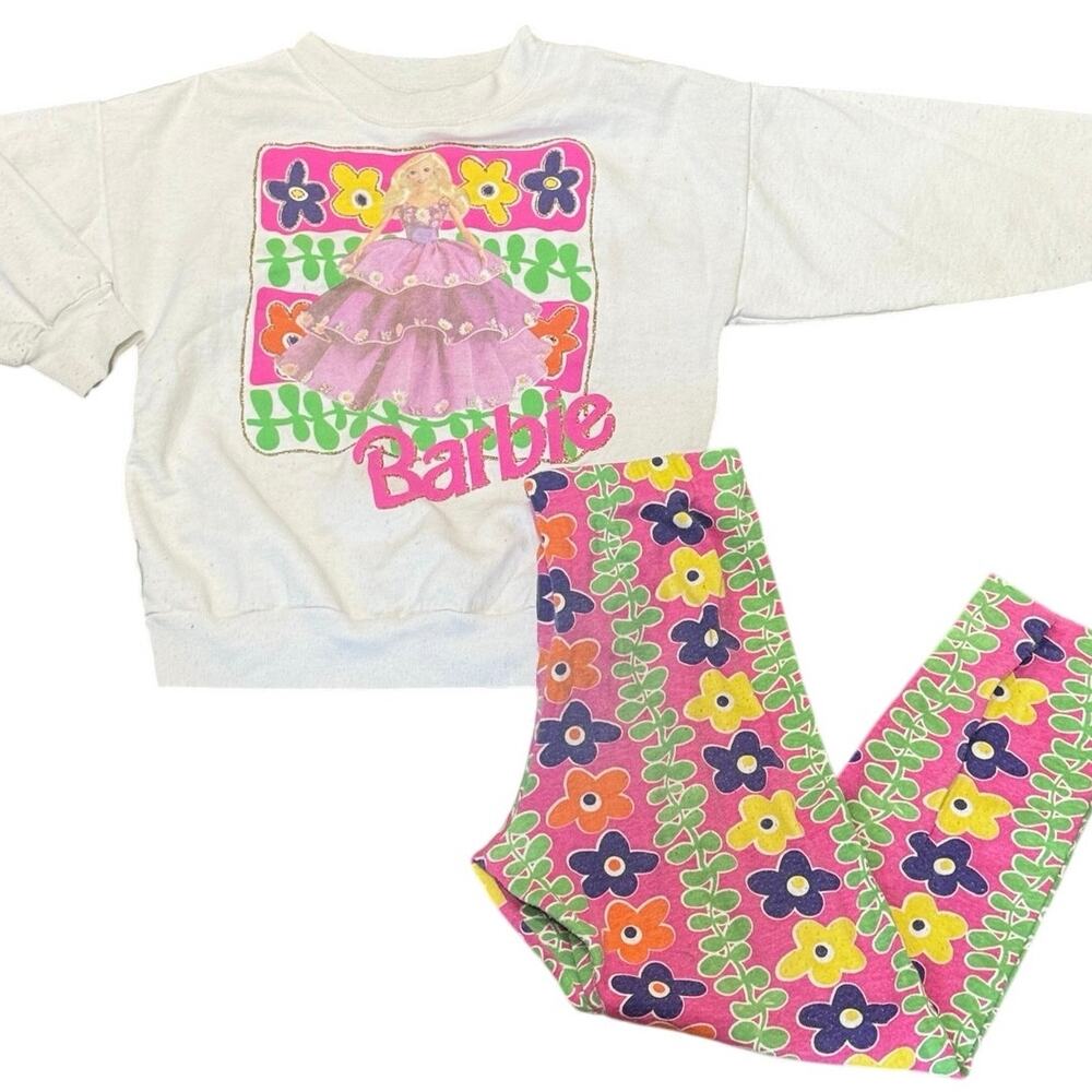 Vintage 1991 Barbie Floral Sweatshirt & Leggings Matching Set Girls Large or 6/7